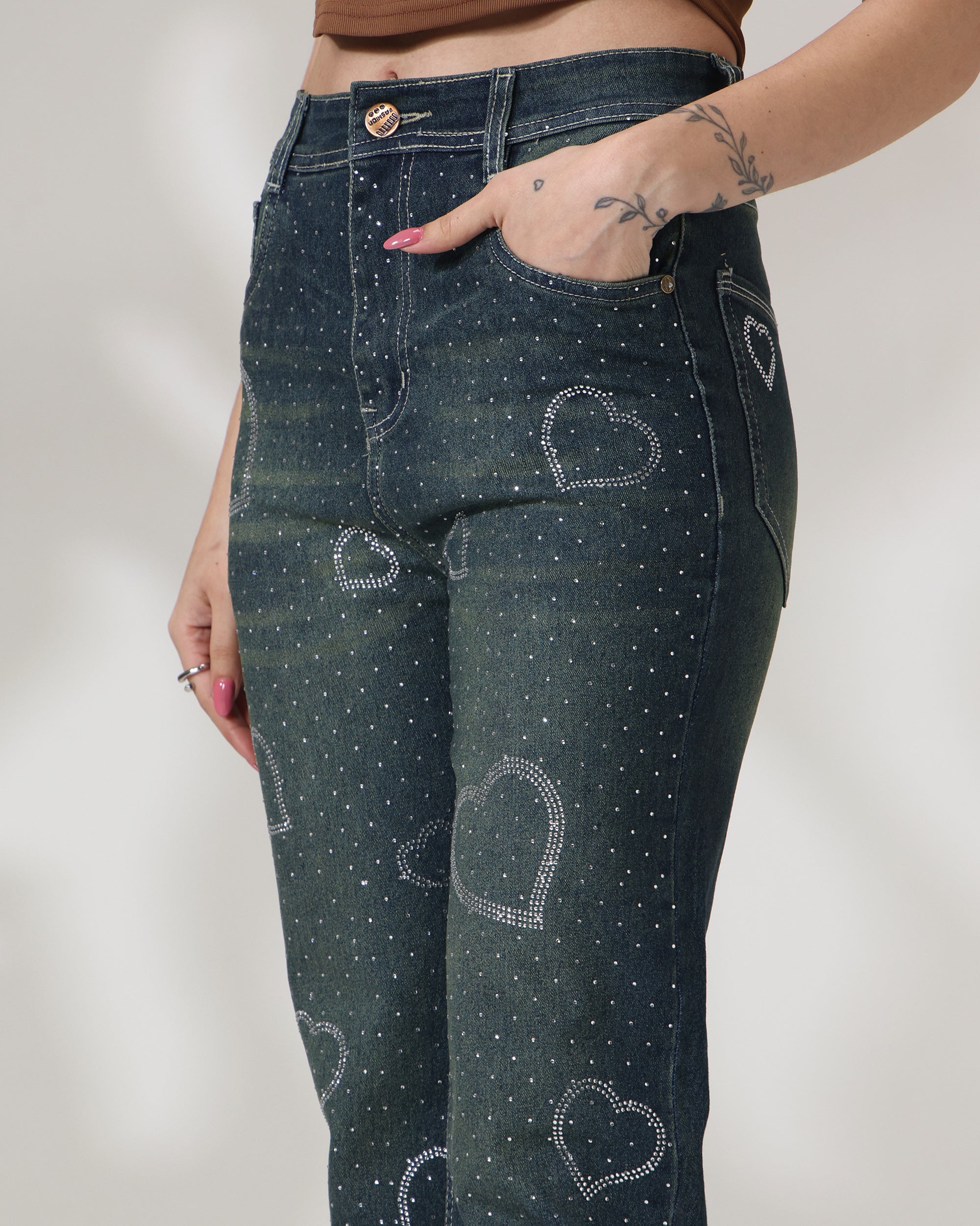 Dilbar High-Waist Wide Leg Jeans with Rhinestone Hearts