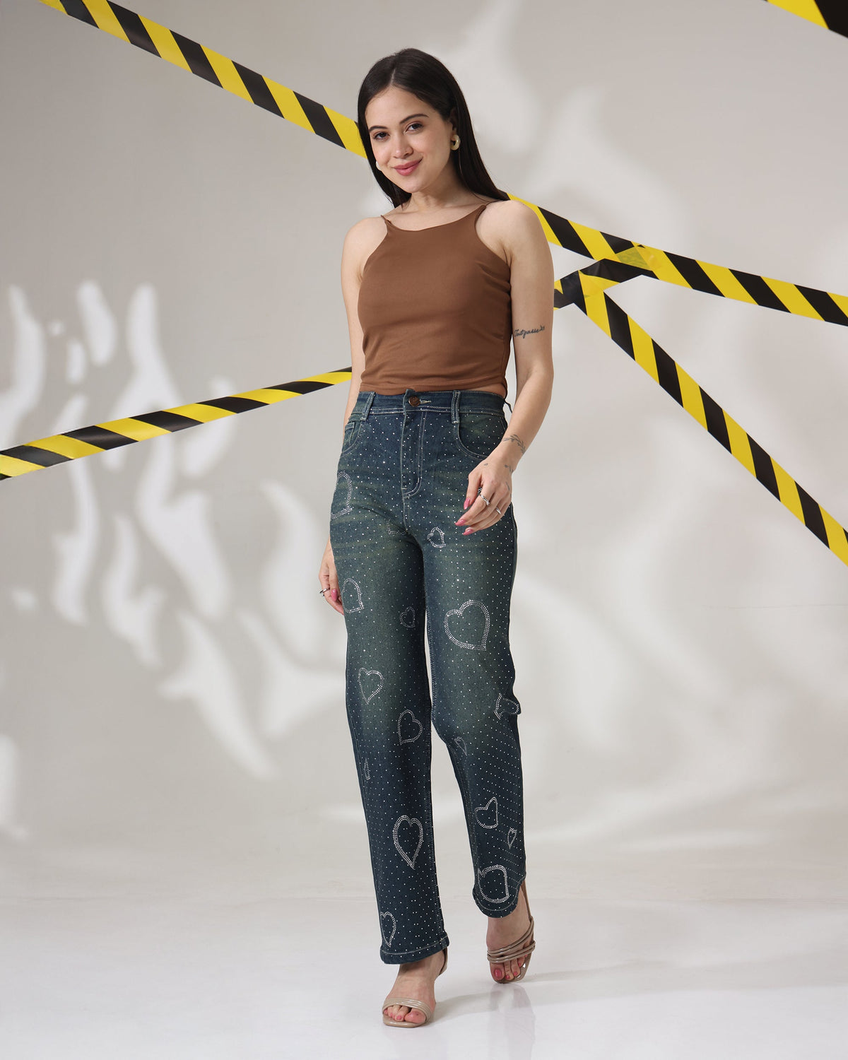 Dilbar High-Waist Wide Leg Jeans with Rhinestone Hearts - Image 2