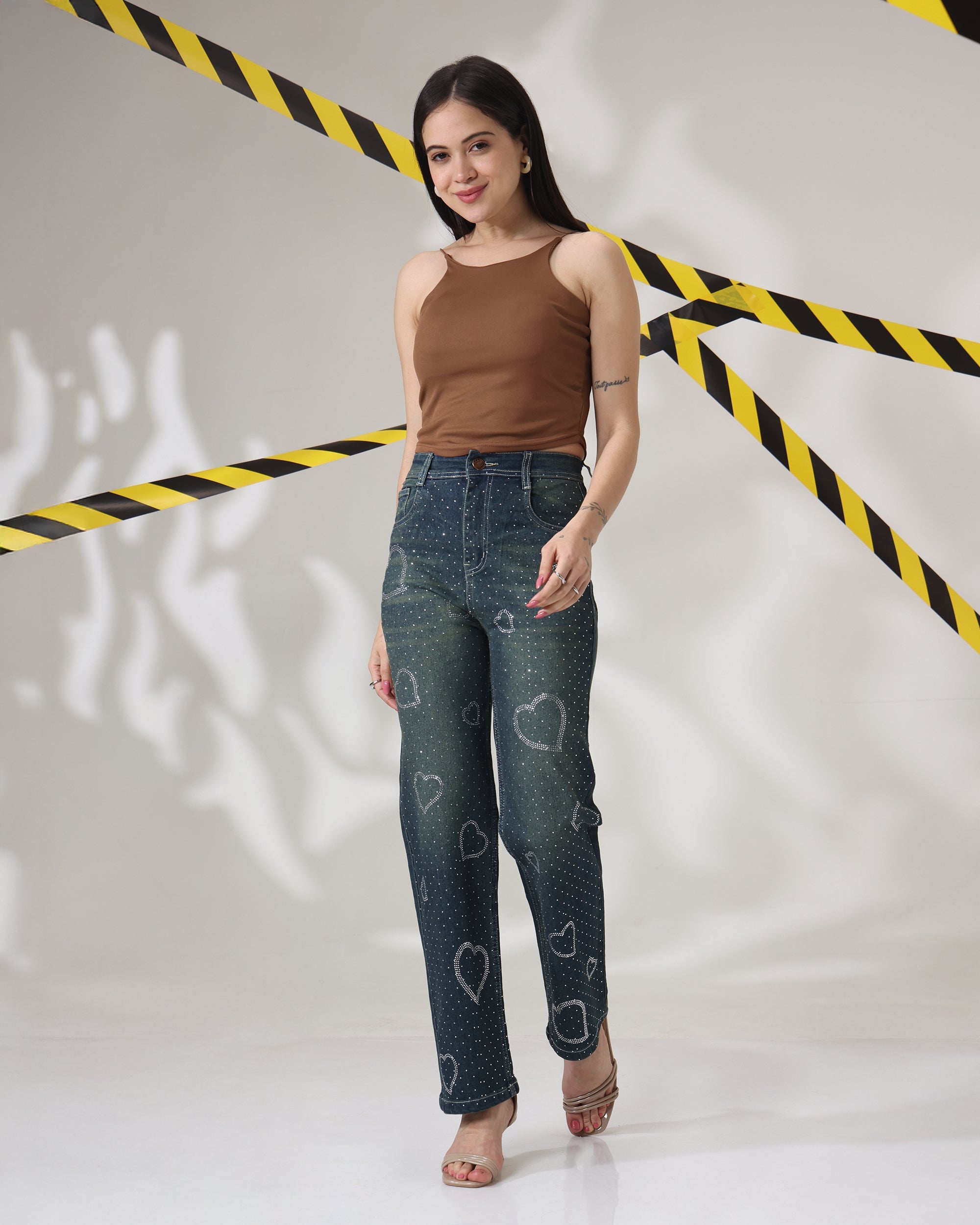 Dilbar High-Waist Wide Leg Jeans with Rhinestone Hearts