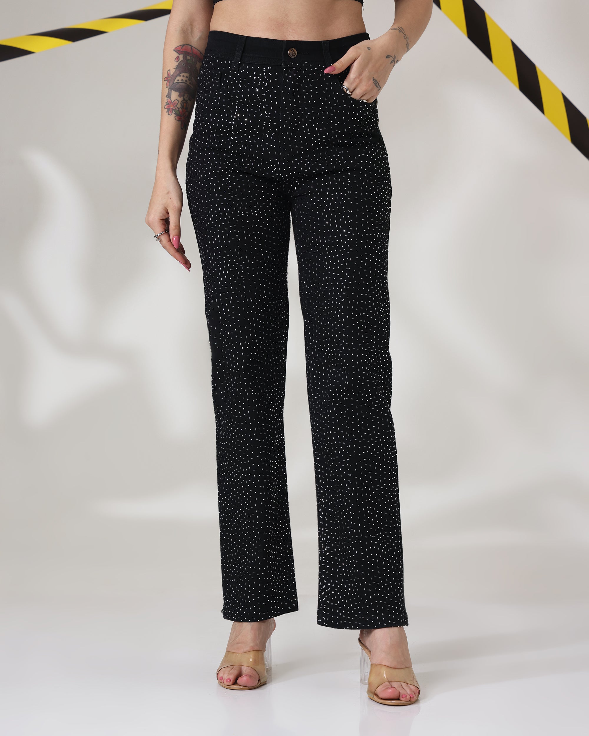 Black Chamkili - Rhinestone Embellished Wide Leg Jeans