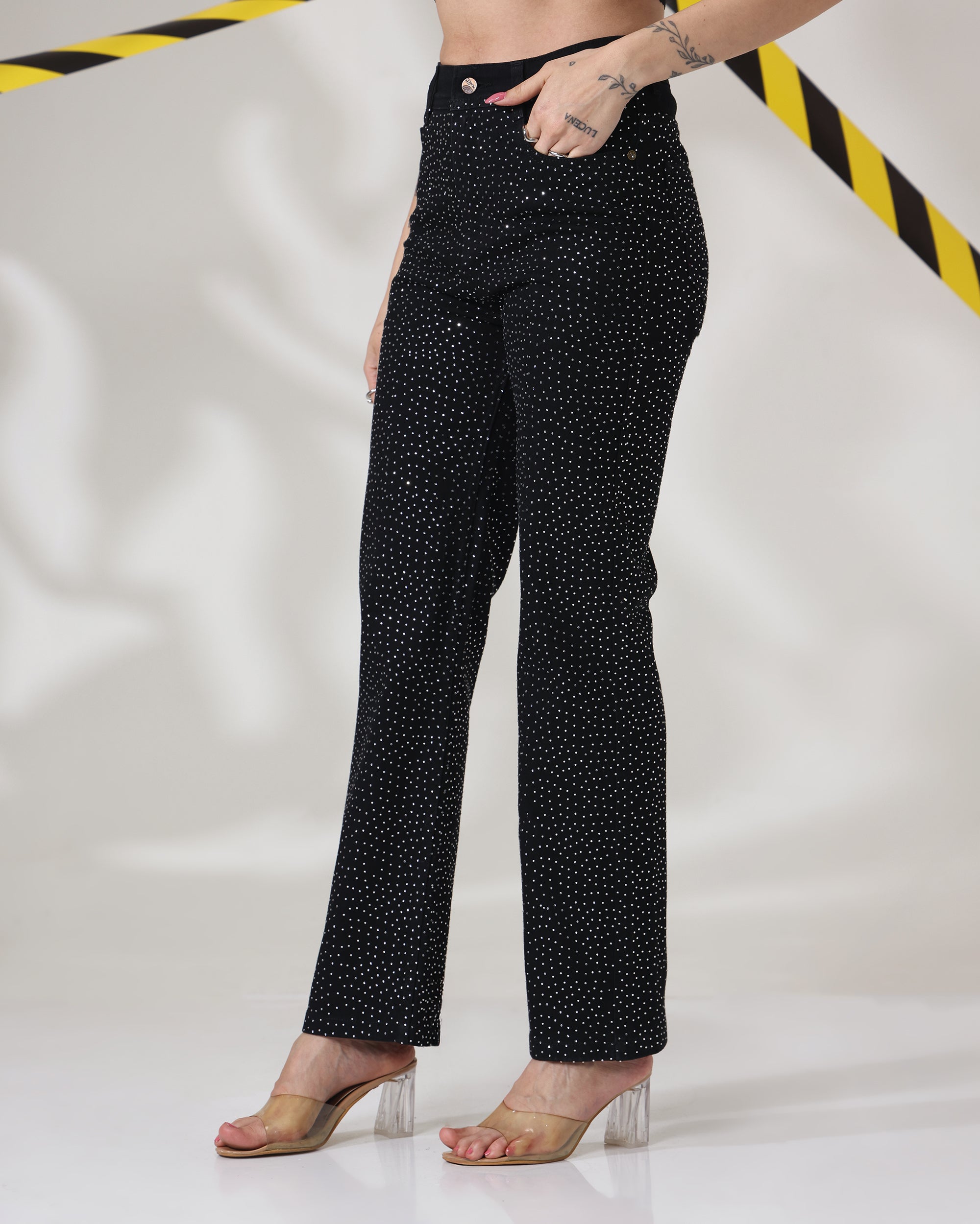 Black Chamkili - Rhinestone Embellished Wide Leg Jeans