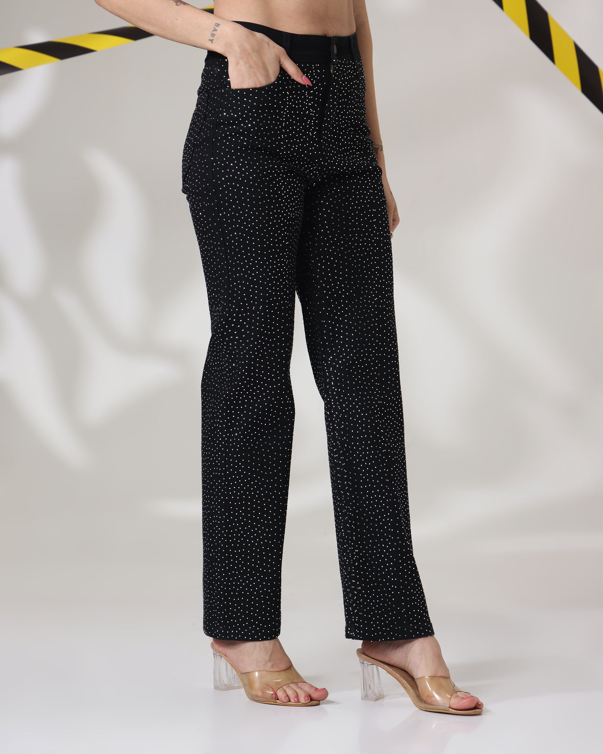 Black Chamkili - Rhinestone Embellished Wide Leg Jeans