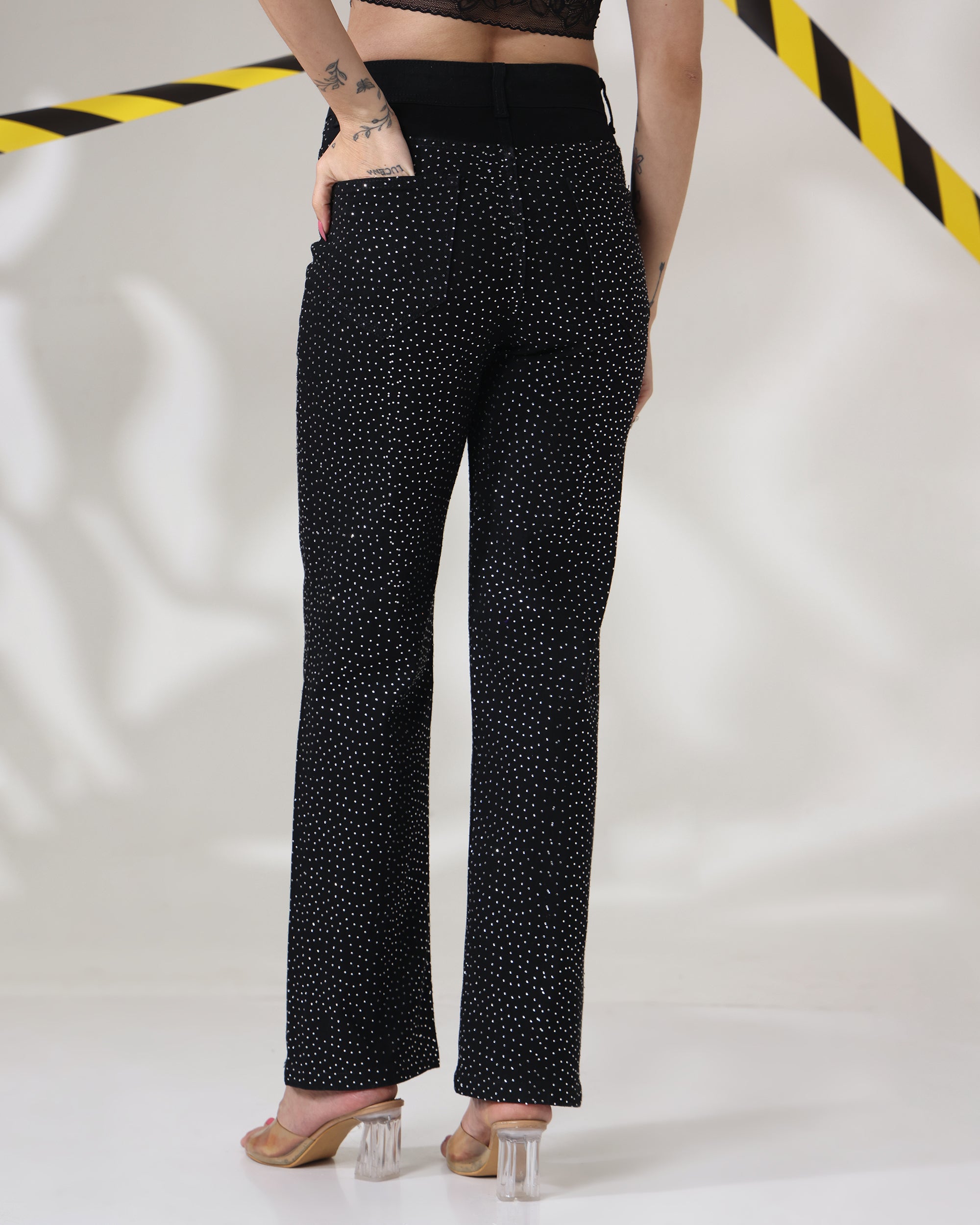 Black Chamkili - Rhinestone Embellished Wide Leg Jeans