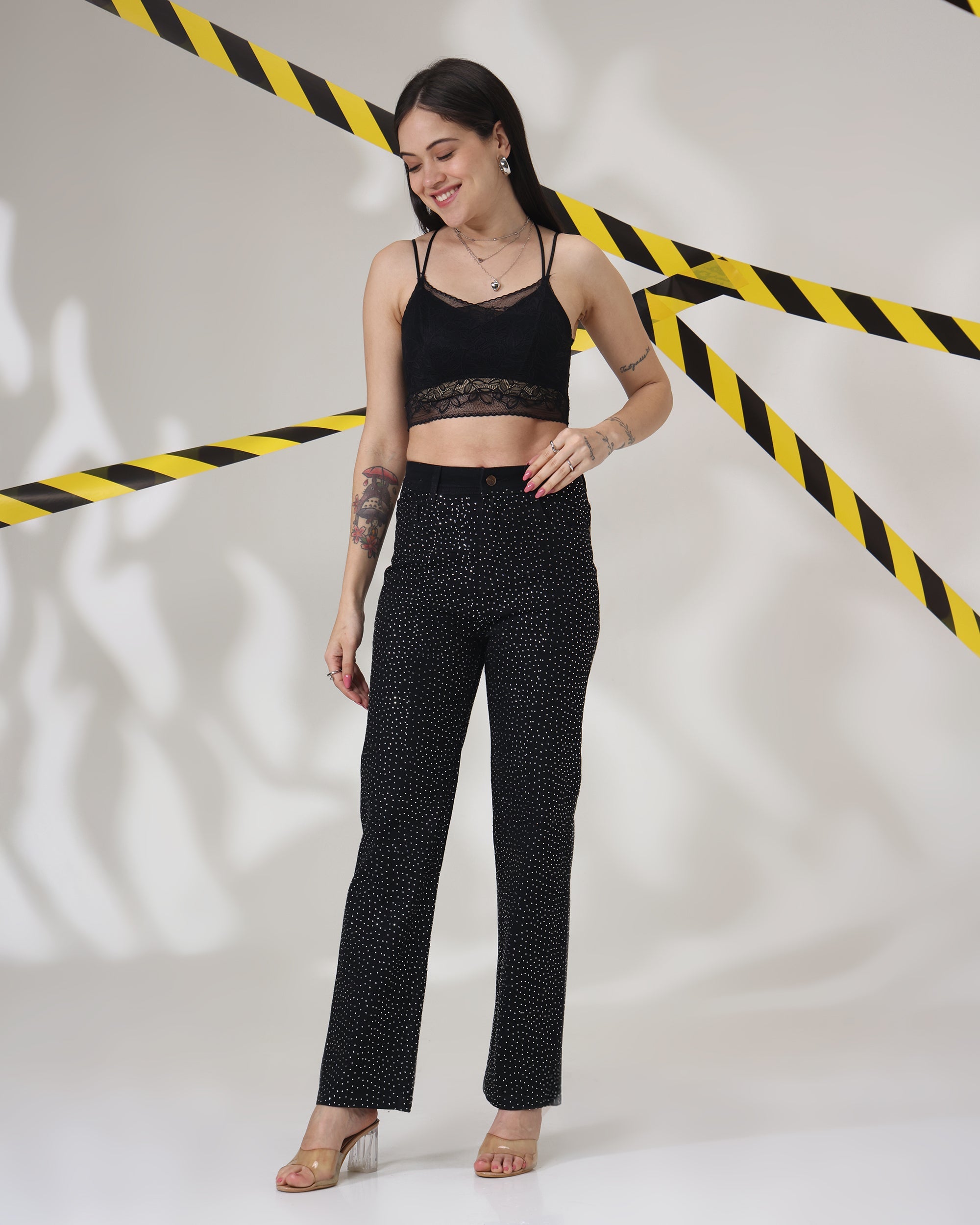 Black Chamkili - Rhinestone Embellished Wide Leg Jeans