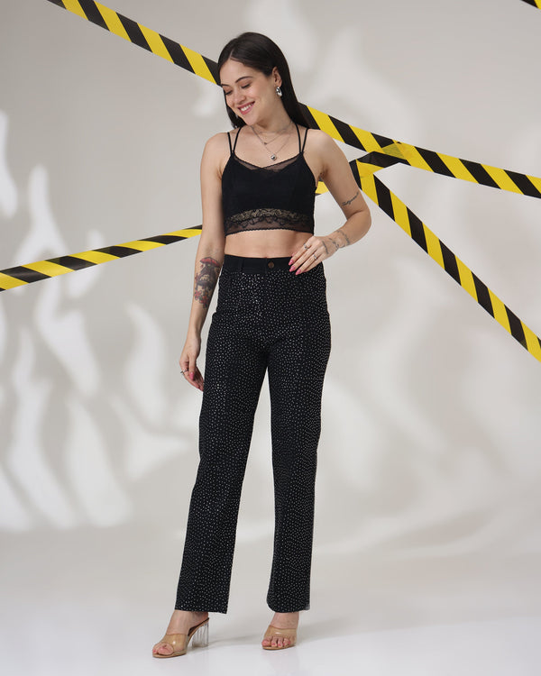 Black Chamkili - Rhinestone Embellished Wide Leg Jeans