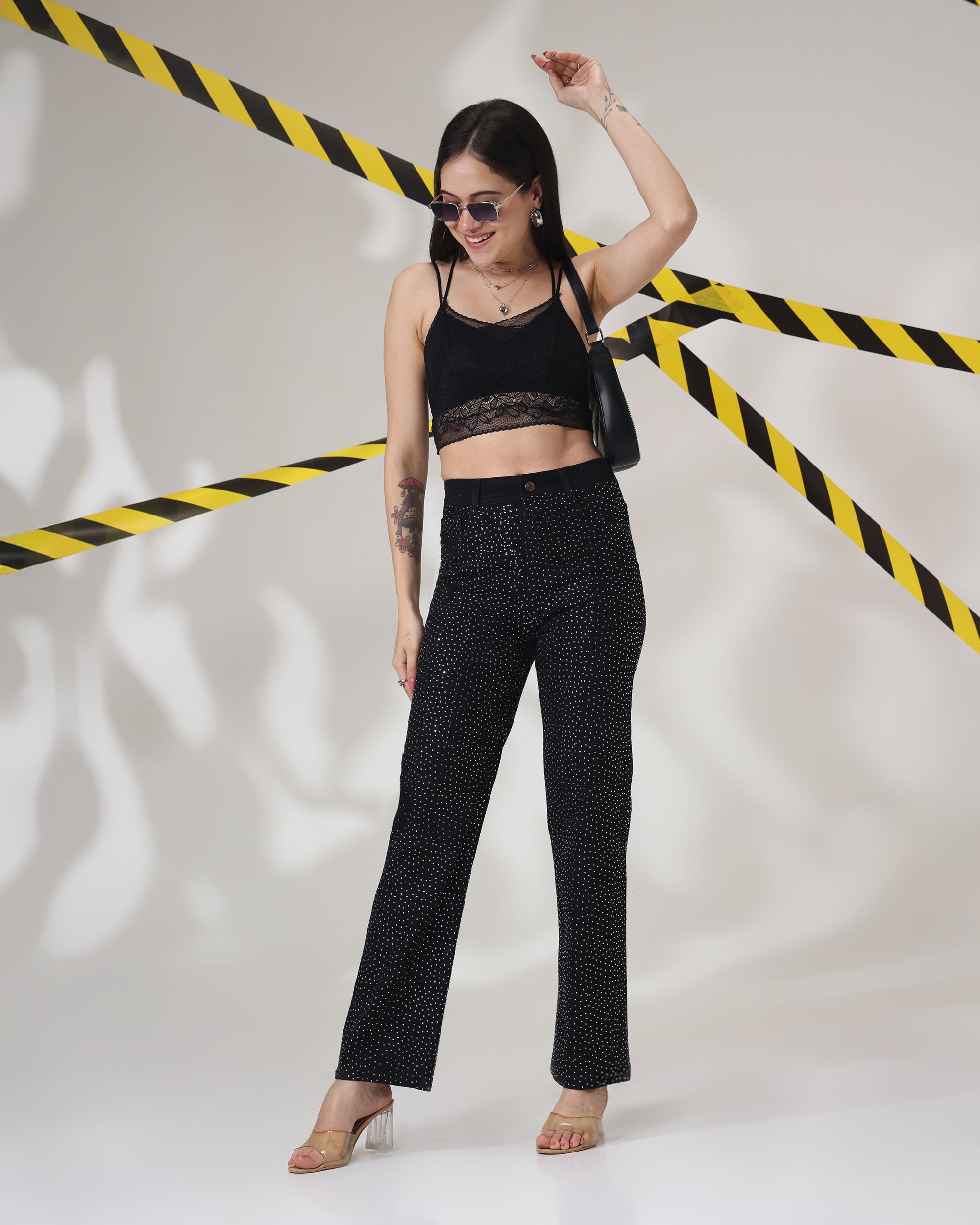 Black Chamkili - Rhinestone Embellished Wide Leg Jeans