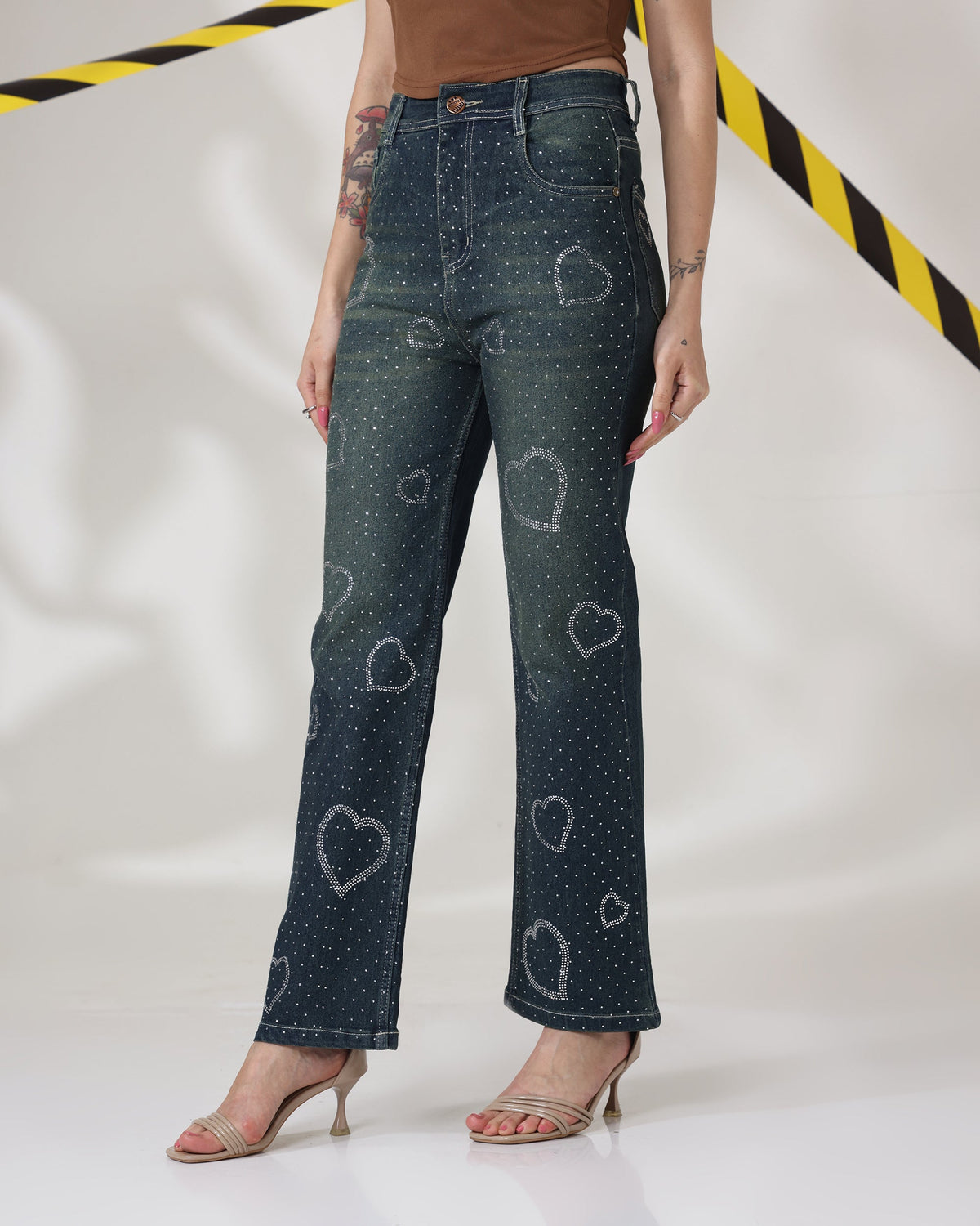 Dilbar High-Waist Wide Leg Jeans with Rhinestone Hearts - Image 4