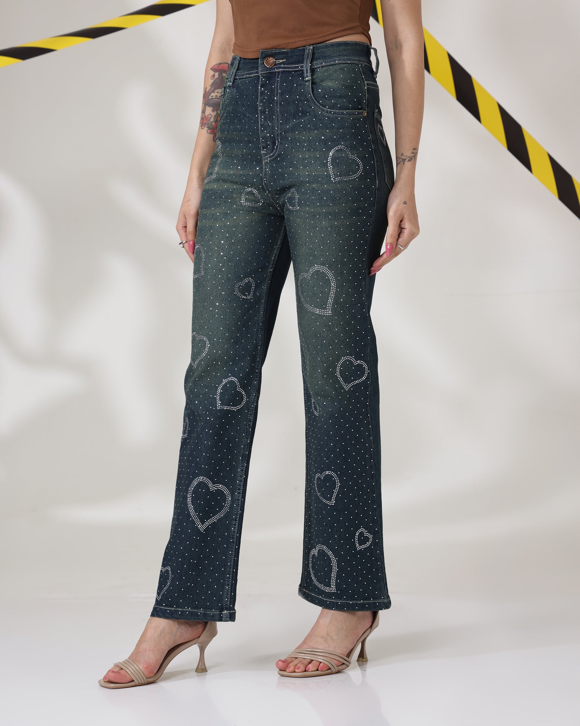 Dilbar High-Waist Wide Leg Jeans with Rhinestone Hearts