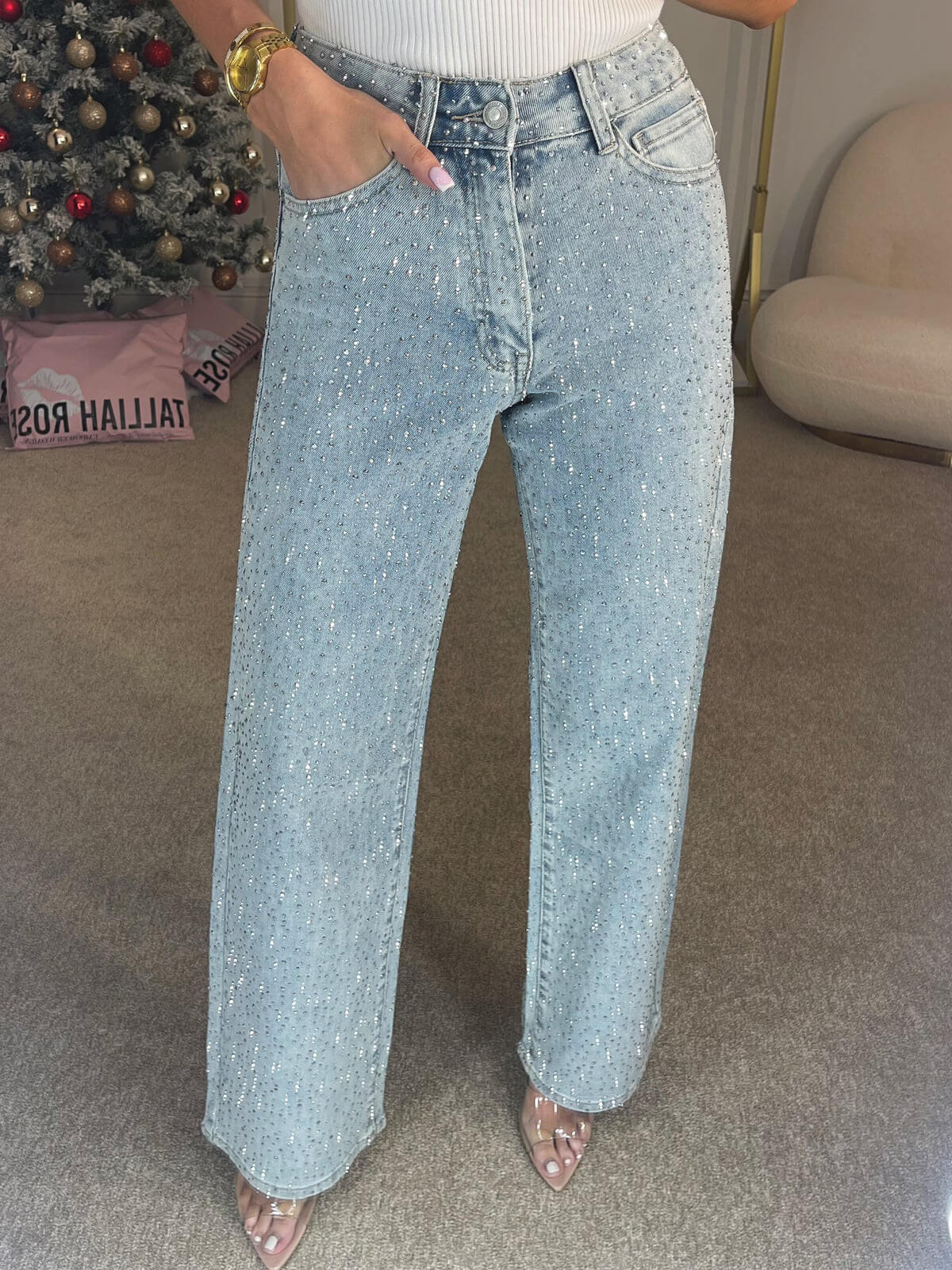 Disco Dust - Rhinestone Embellished Wide Leg Jeans