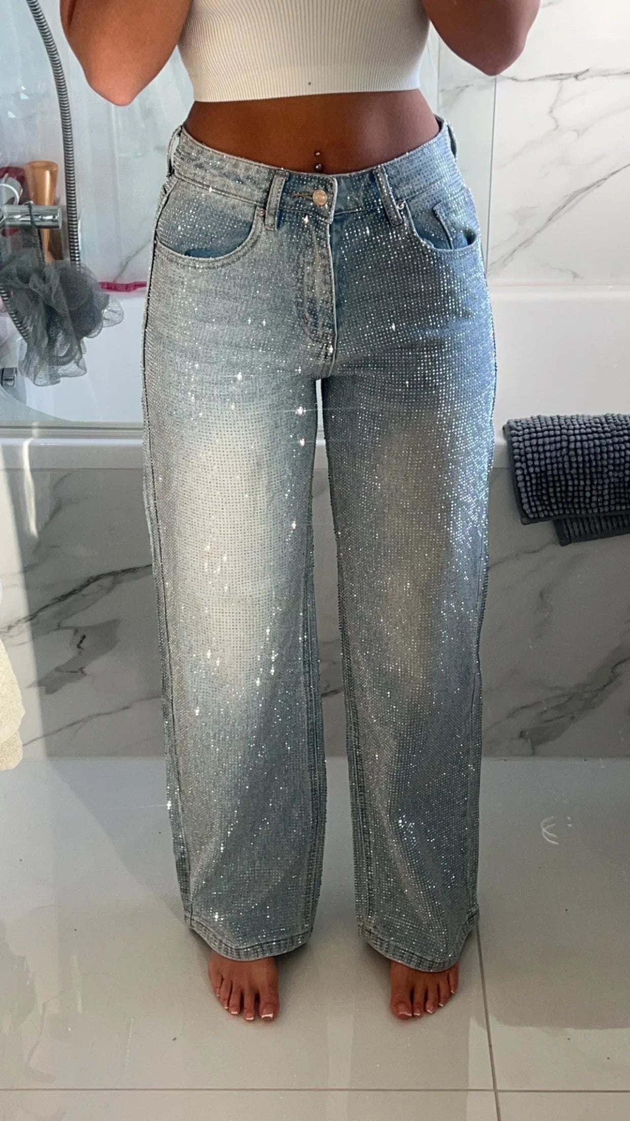 Glamorous Sequin-Embellished Wide-Leg Jeans
