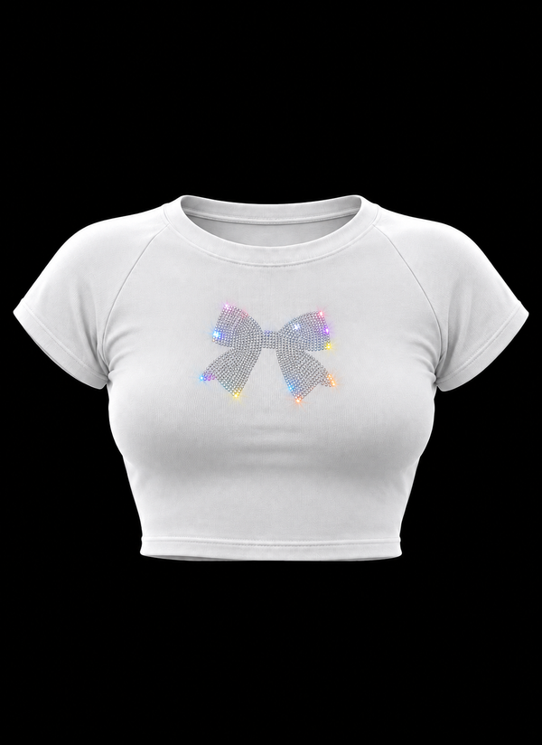 Crystal Bow Rhinestone Baby Tee – White