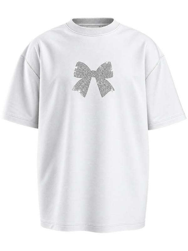 White Bow Premium Oversized Rhinestone T-Shirt