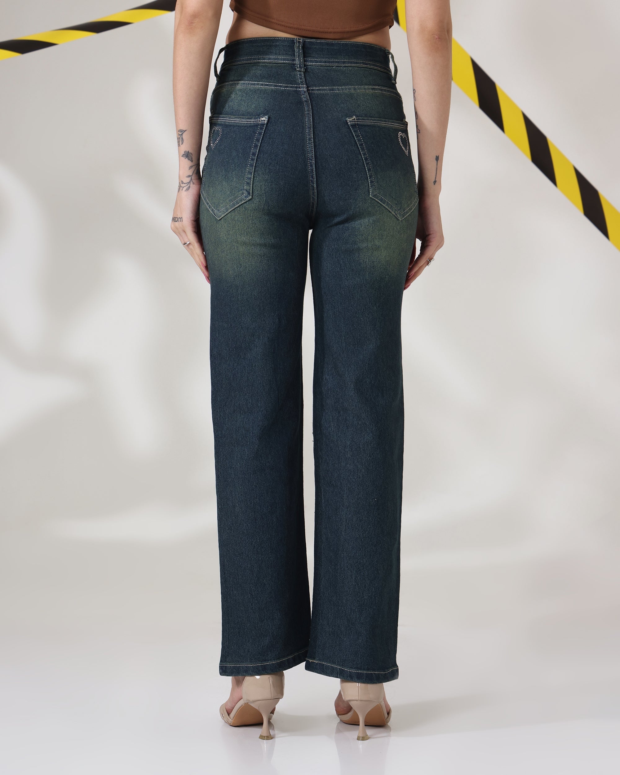 Dilbar High-Waist Wide Leg Jeans with Rhinestone Hearts