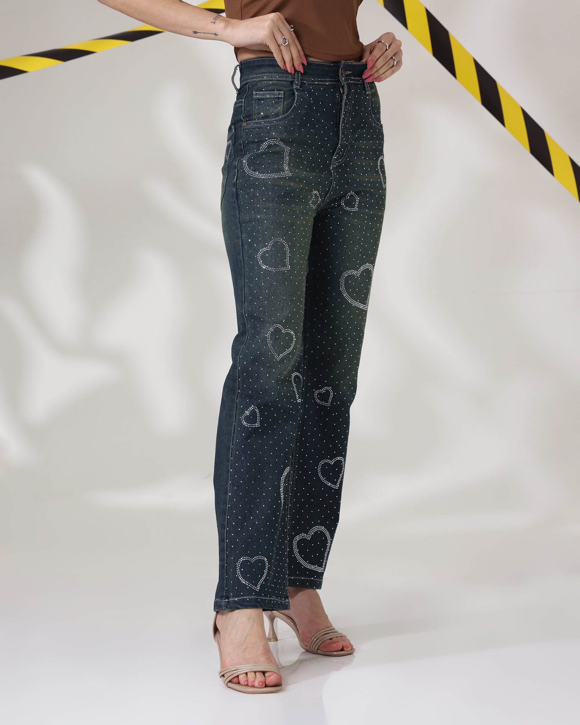 Dilbar High-Waist Wide Leg Jeans with Rhinestone Hearts