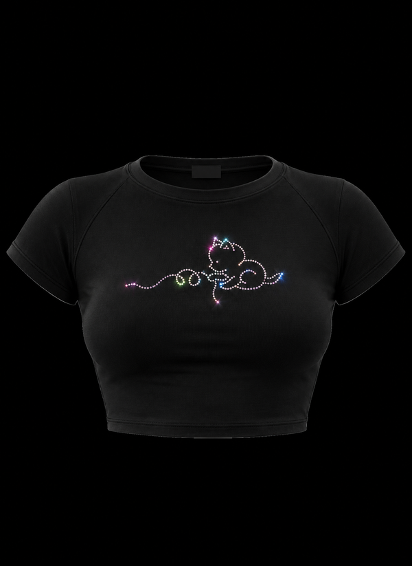 Crystal Kitty Rhinestone Baby Tee – Black