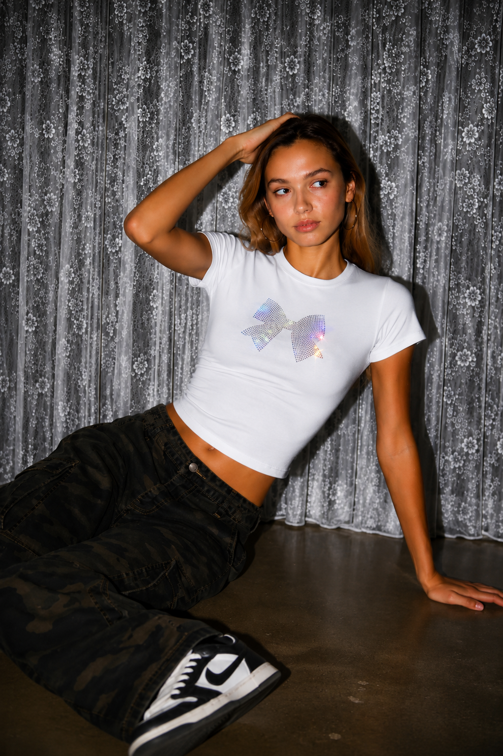 Crystal Bow Rhinestone Baby Tee – White - Image 5