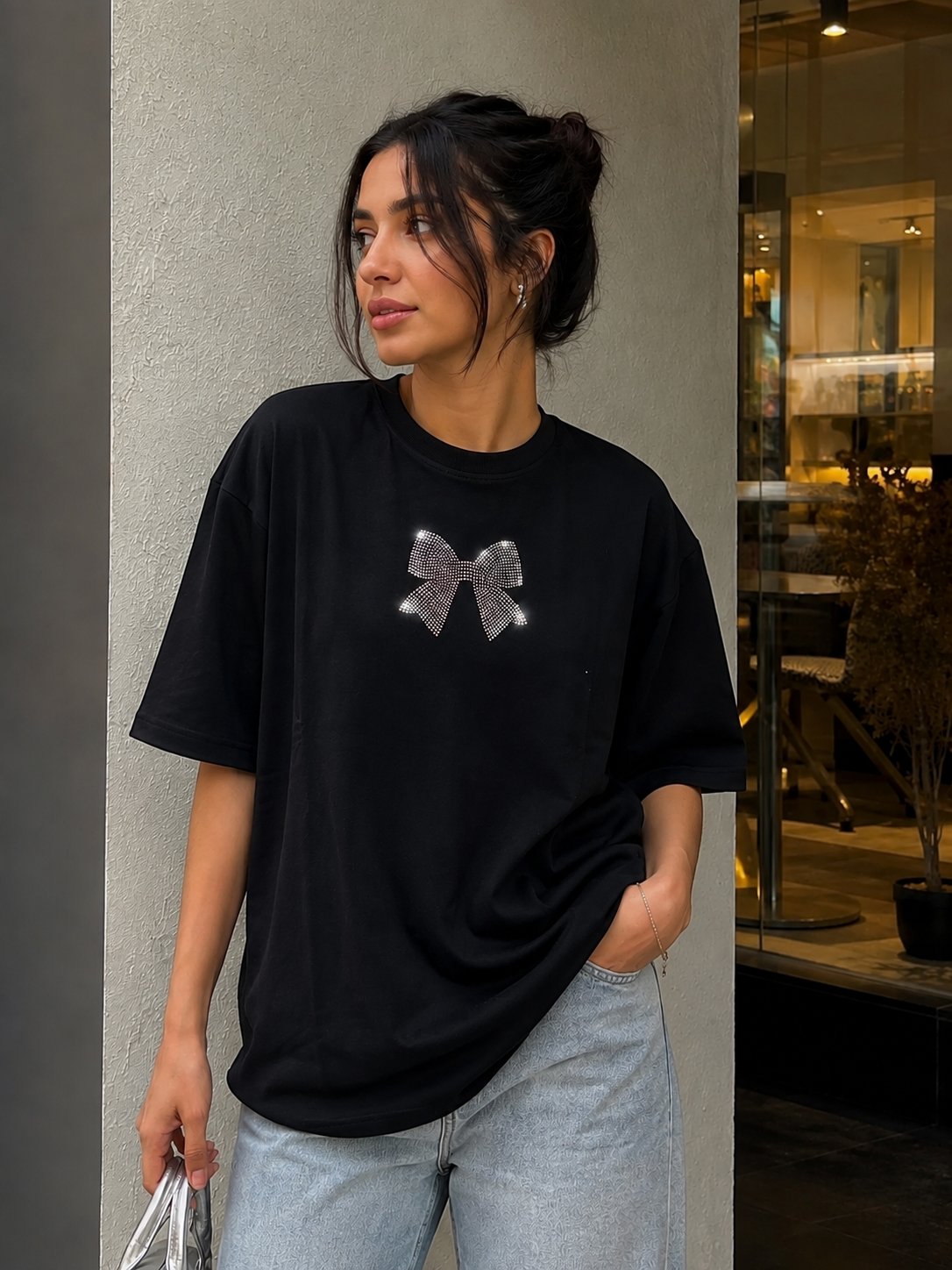 Midnight Bow Premium Oversized Rhinestone T-Shirt - Image 5