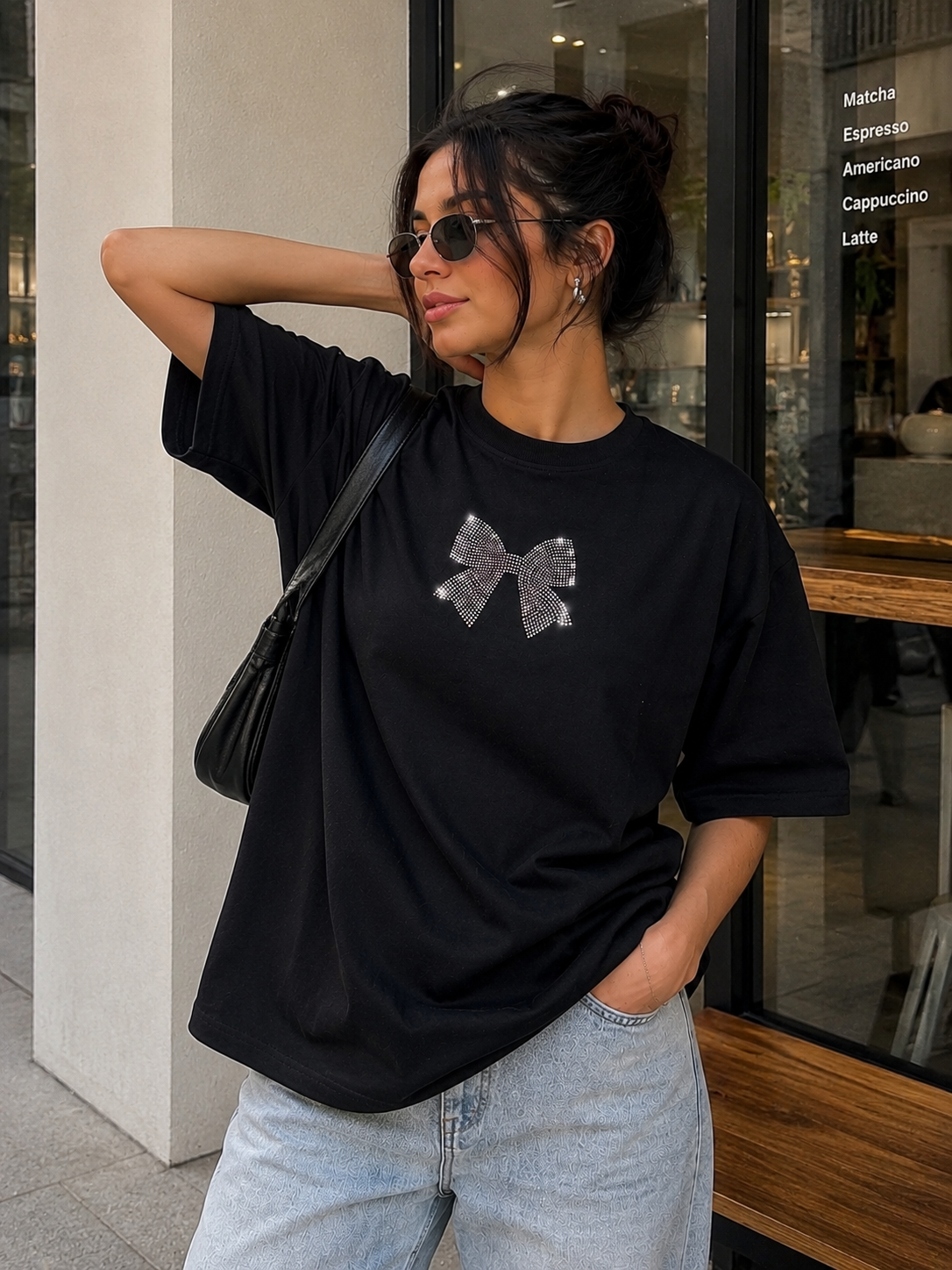 Midnight Bow Premium Oversized Rhinestone T-Shirt
