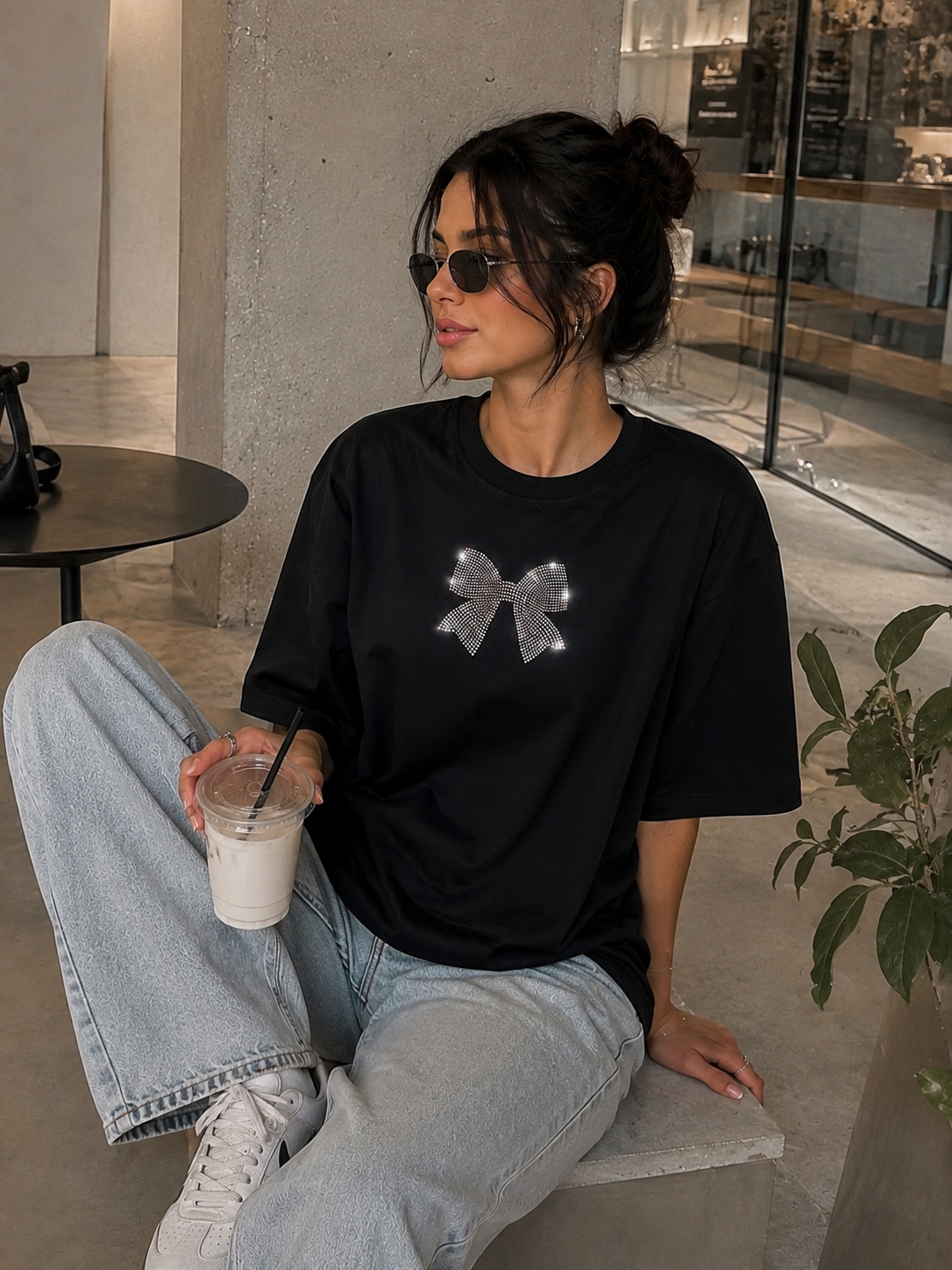 Midnight Bow Premium Oversized Rhinestone T-Shirt - Image 3