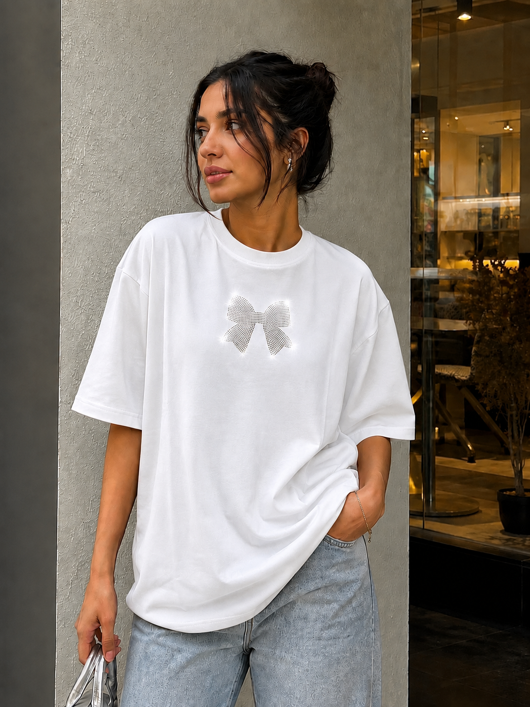 White Bow Premium Oversized Rhinestone T-Shirt