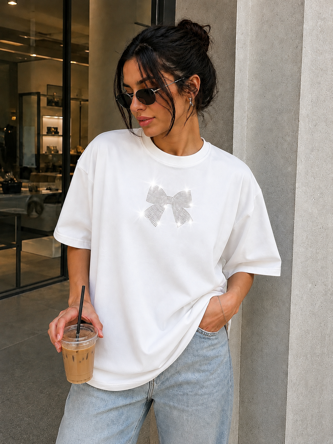 White Bow Premium Oversized Rhinestone T-Shirt