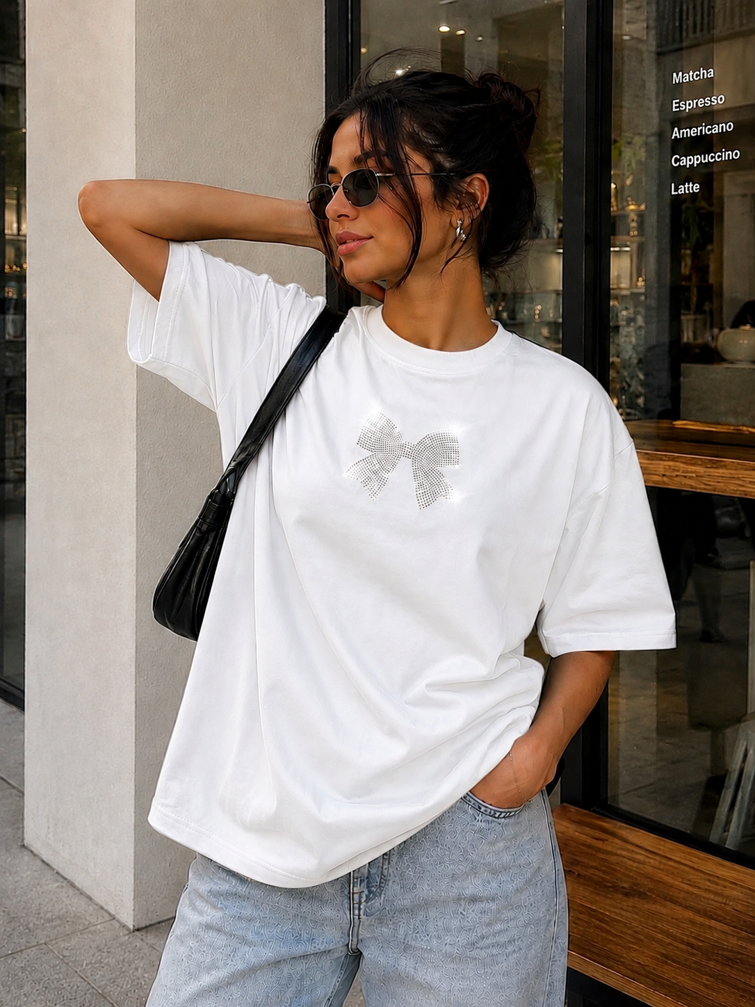 White Bow Premium Oversized Rhinestone T-Shirt