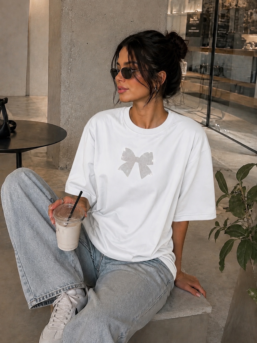 White Bow Premium Oversized Rhinestone T-Shirt - Image 3