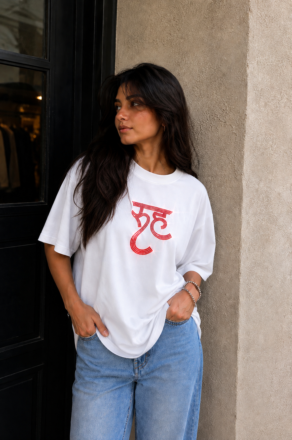 Luxury RUH Rhinestone Oversized White T-Shirt