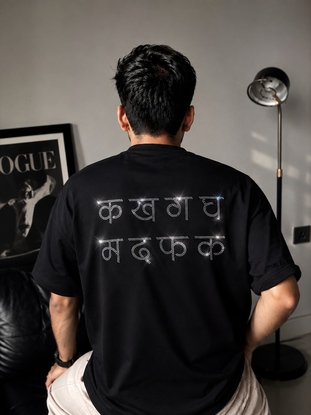 क ख ग घ म द फ क Rhinestone Hindi Typography Oversized Black T-Shirt - Image 6
