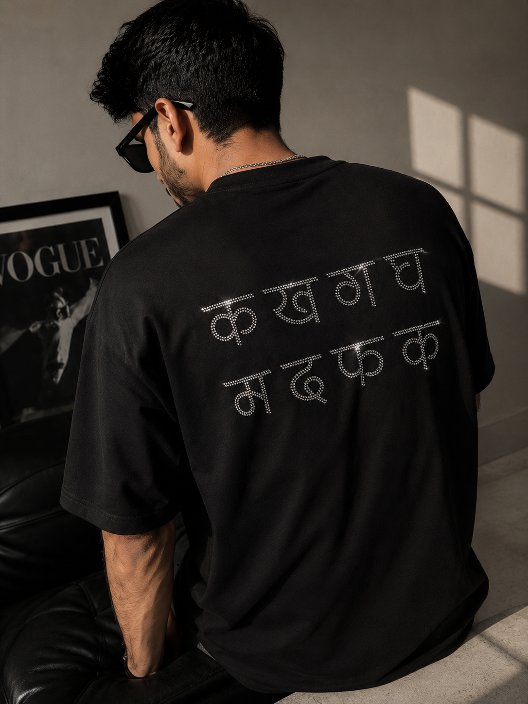 क ख ग घ म द फ क Rhinestone Hindi Typography Oversized Black T-Shirt - Image 7