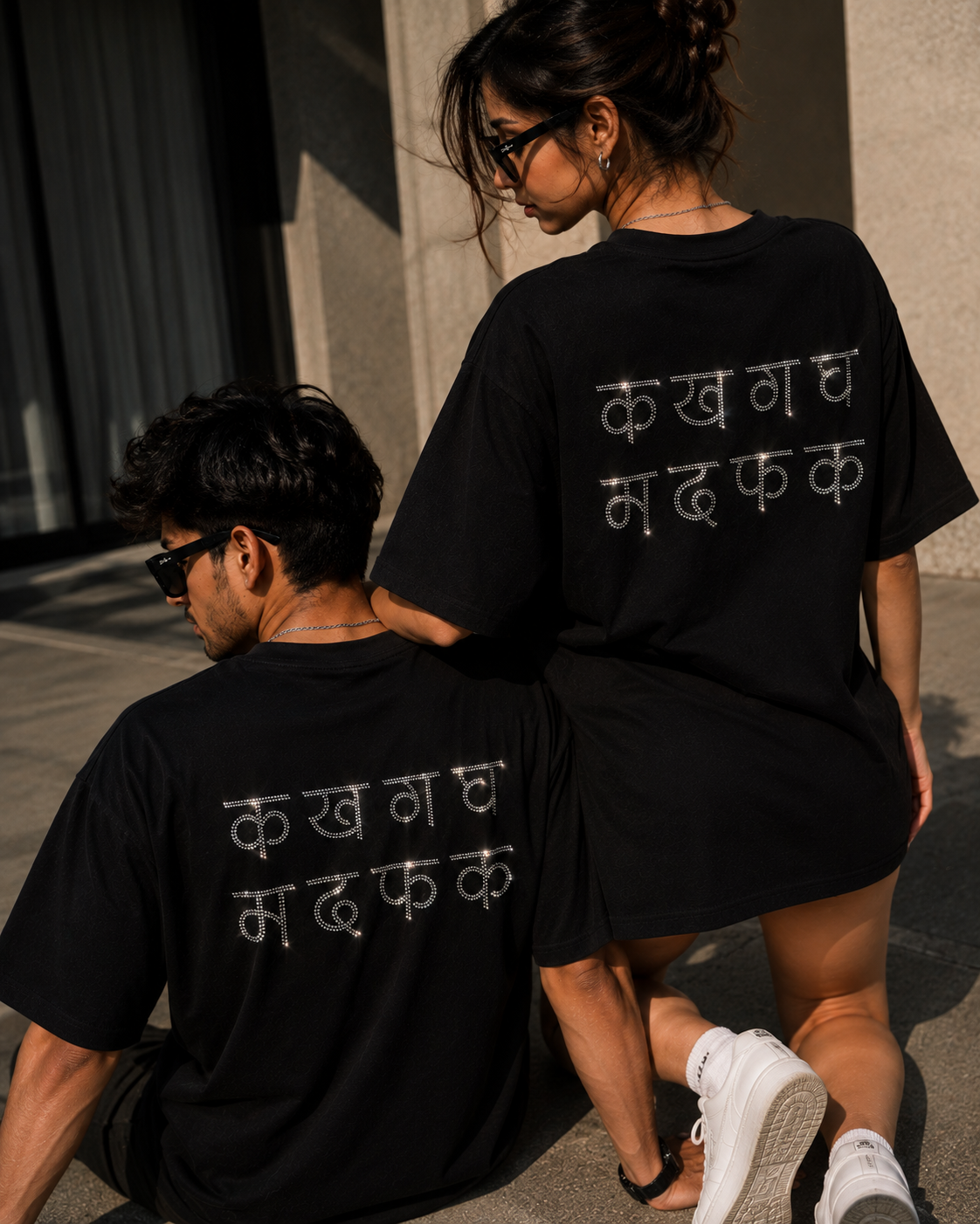 क ख ग घ म द फ क Rhinestone Hindi Typography Oversized Black T-Shirt - Image 13