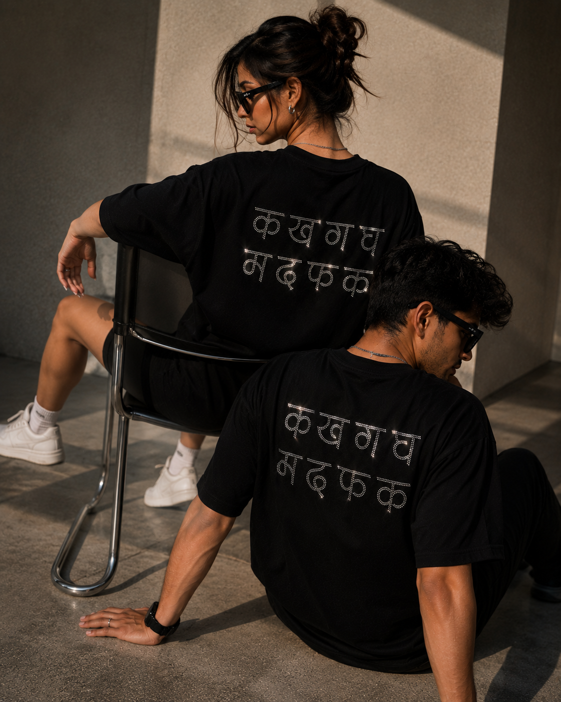 क ख ग घ म द फ क Rhinestone Hindi Typography Oversized Black T-Shirt - Image 2