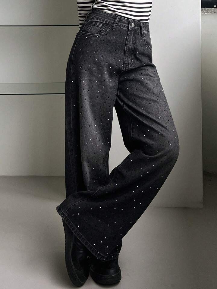 Black Wide-Leg Jeans with All-Over Rhinestone Detailing - Image 1