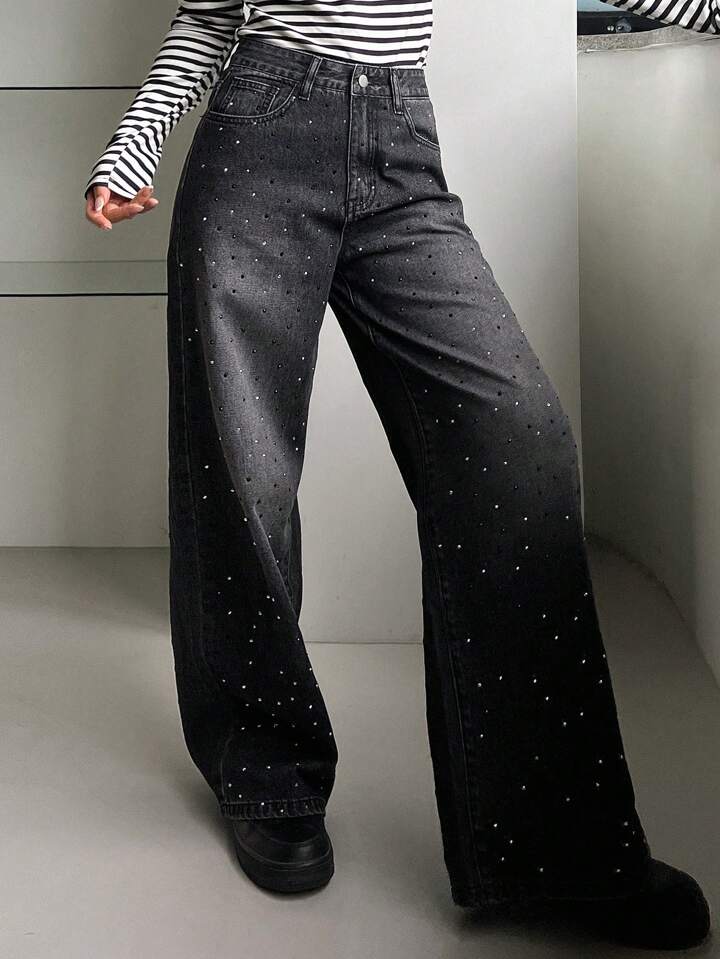 Black Wide-Leg Jeans with All-Over Rhinestone Detailing - Image 2