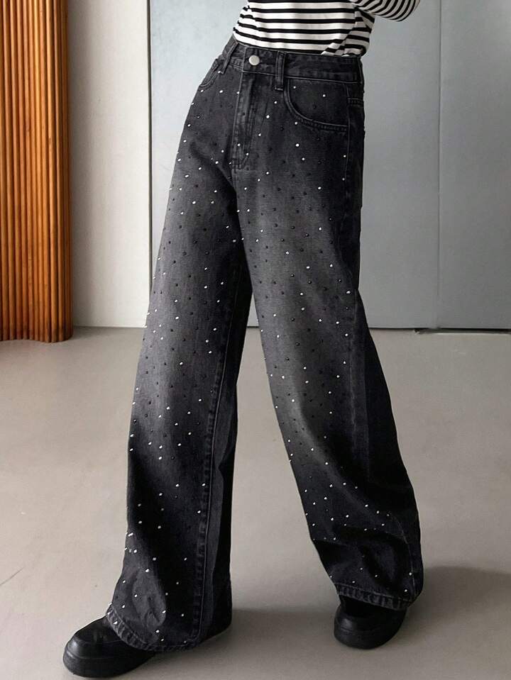 Black Wide-Leg Jeans with All-Over Rhinestone Detailing
