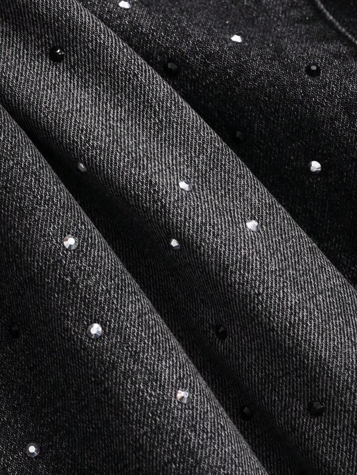 Black Wide-Leg Jeans with All-Over Rhinestone Detailing