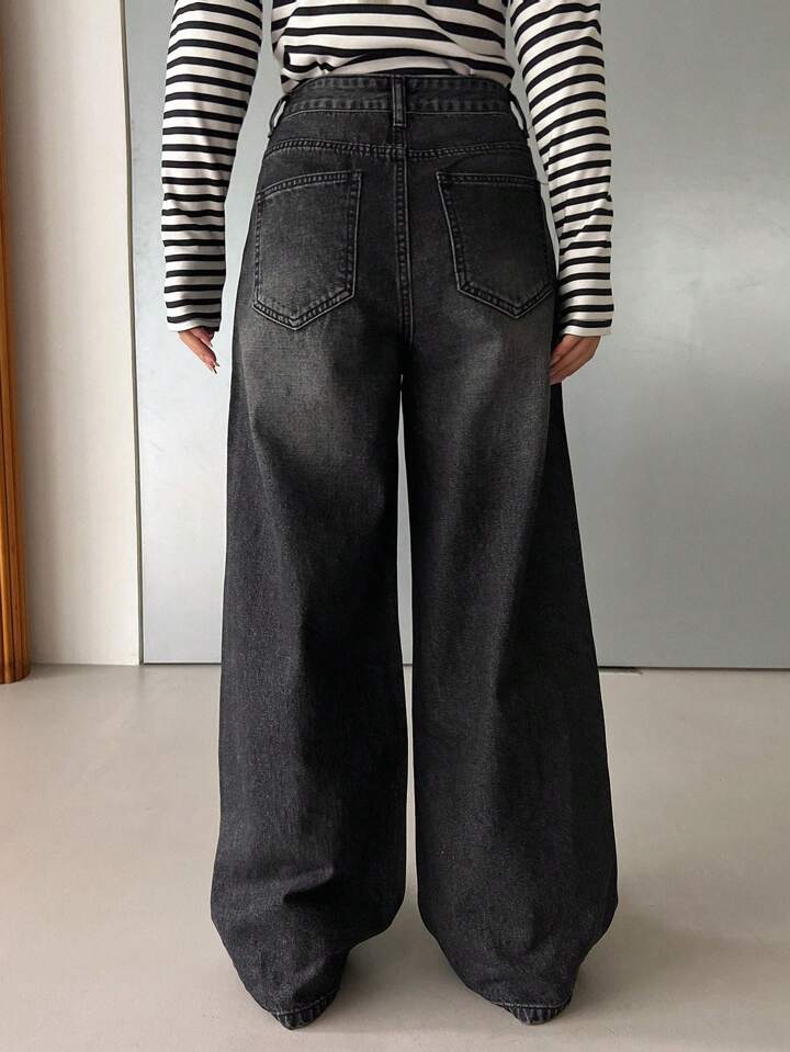 Black Wide-Leg Jeans with All-Over Rhinestone Detailing