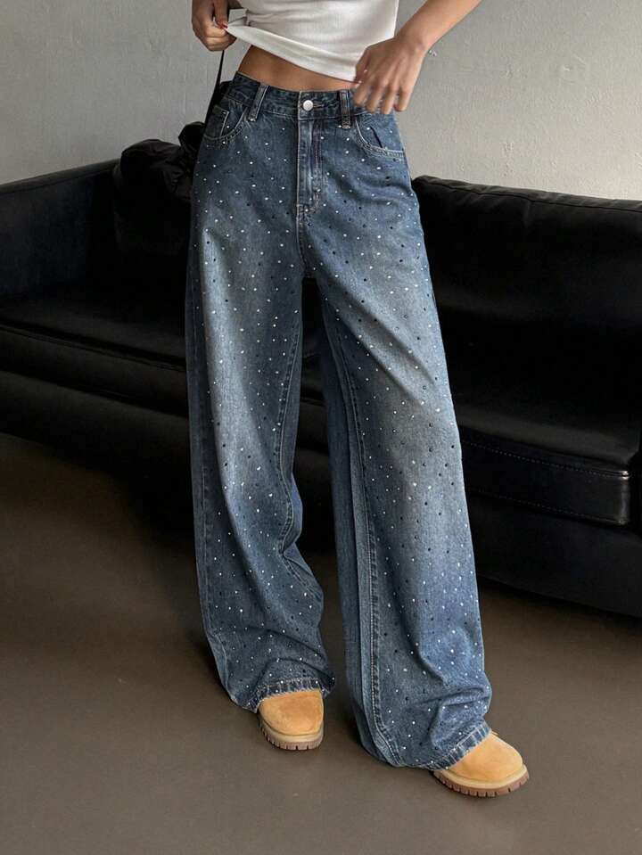 Blue Wide-Leg Jeans with All-Over Rhinestone Embellishments
