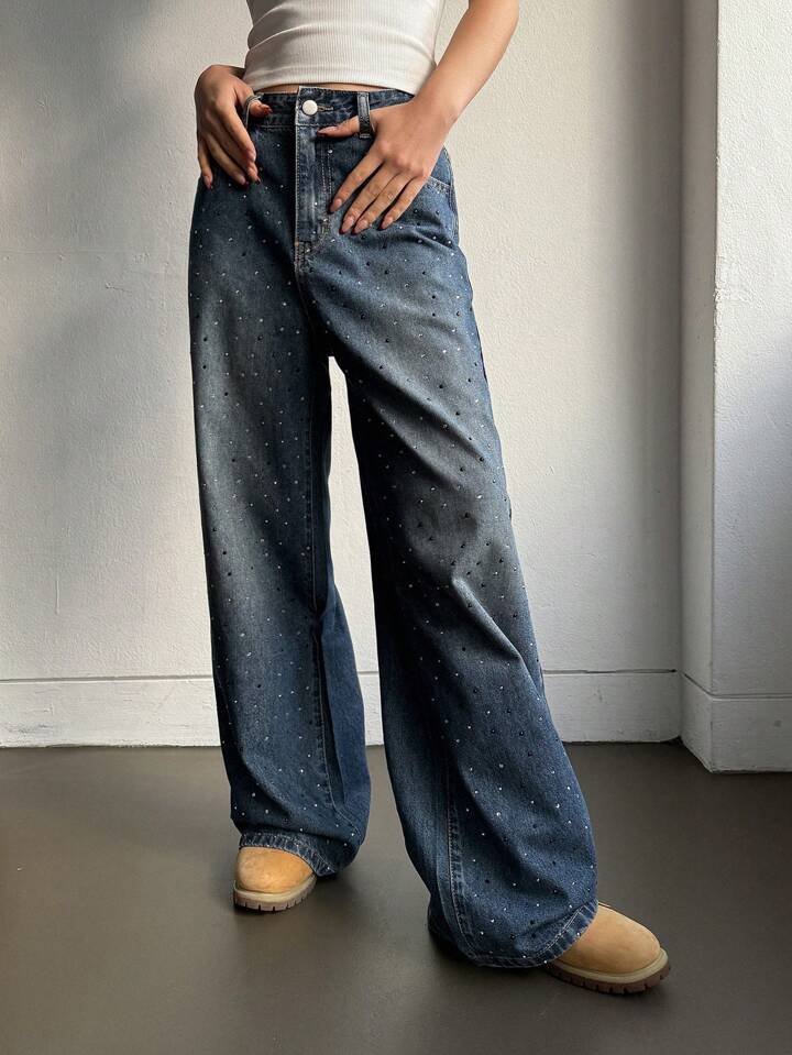Blue Wide-Leg Jeans with All-Over Rhinestone Embellishments