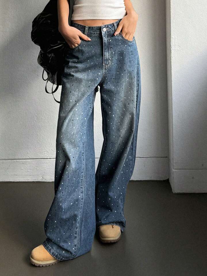 Blue Wide-Leg Jeans with All-Over Rhinestone Embellishments