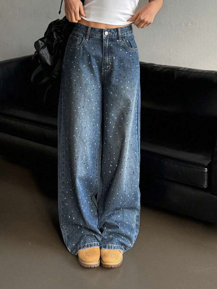 Blue Wide-Leg Jeans with All-Over Rhinestone Embellishments