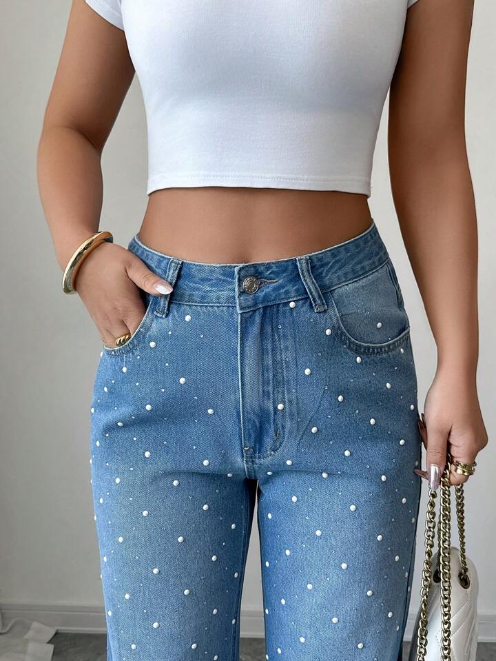 Elenzga Women's Casual Elegant Rhinestone & Pearl Embellished Straight Leg Jeans ( Only Front )