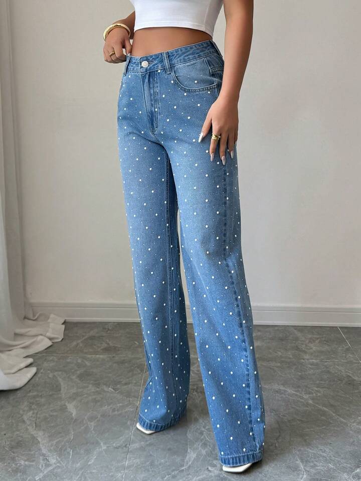 Elenzga Women's Casual Elegant Rhinestone & Pearl Embellished Straight Leg Jeans ( Only Front )