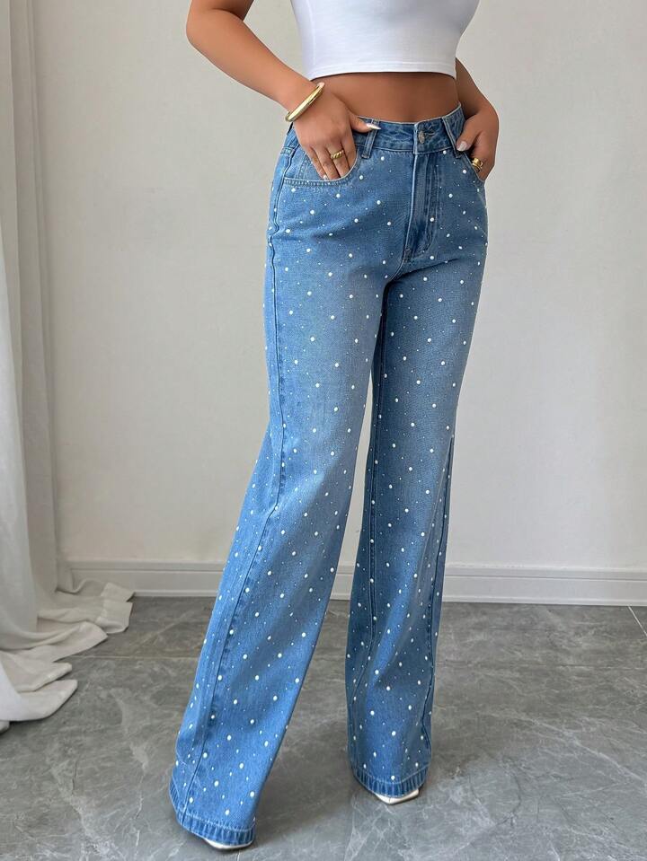 Elenzga Women's Casual Elegant Rhinestone & Pearl Embellished Straight Leg Jeans ( Only Front )