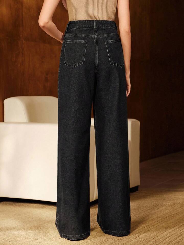 Rhinestone Side-Stripe High-Waisted Wide Leg Jeans