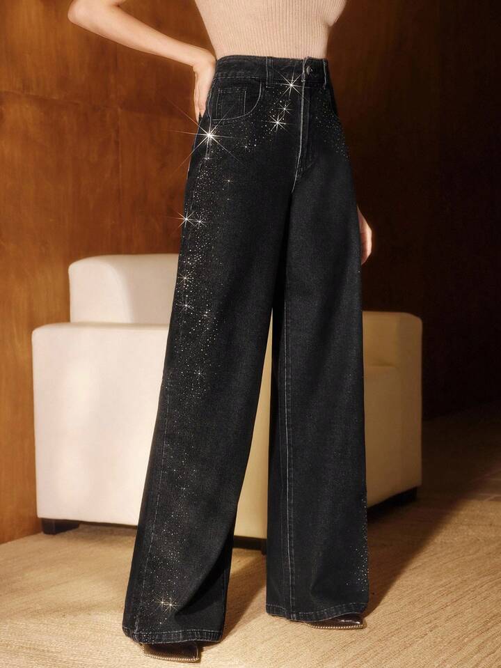 Rhinestone Side-Stripe High-Waisted Wide Leg Jeans