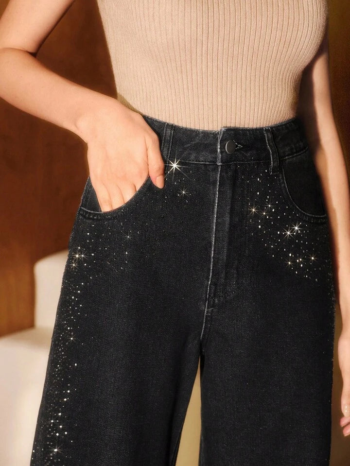 Rhinestone Side-Stripe High-Waisted Wide Leg Jeans
