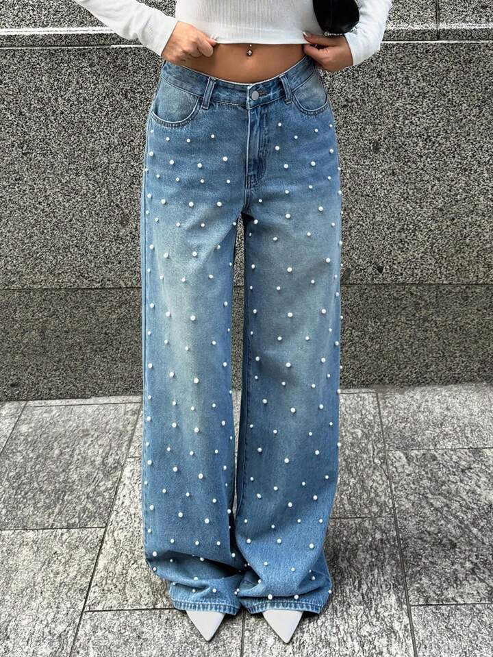 Aele Pearl Studded Light Blue Denim – AELE
