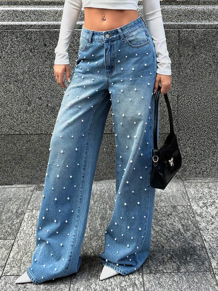 Pearl Studded Light Blue Denim