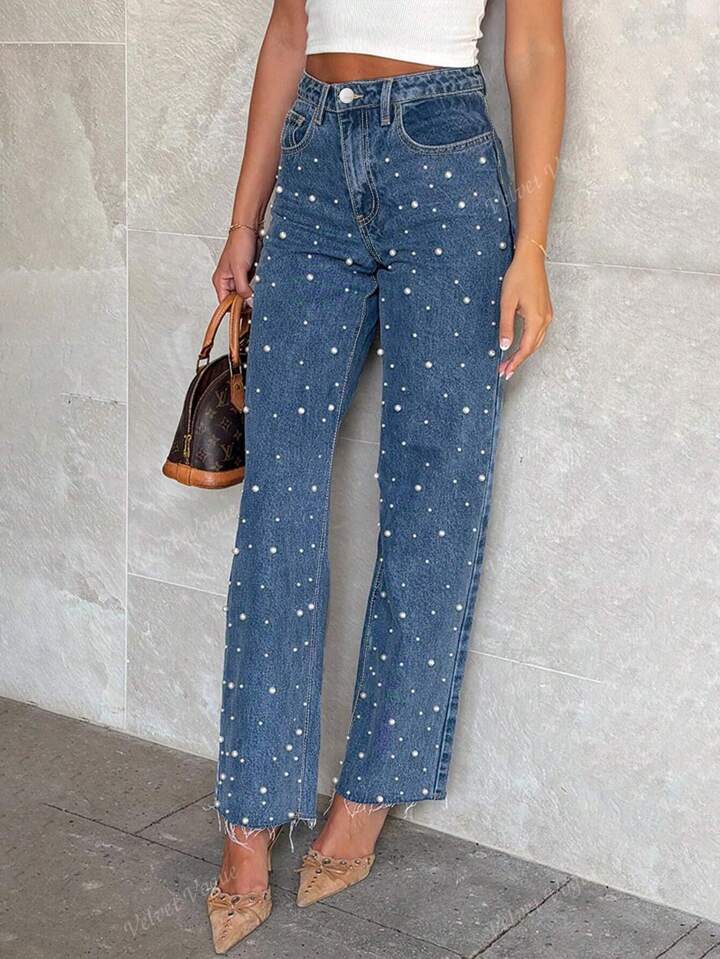 High-Rise Straight Jeans With White Pearl - Image 1
